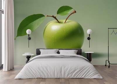 A green apple with a leaf, on a white background Wall mural