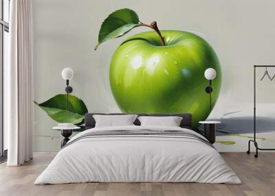 A green apple with a leaf, on a white background Wall mural