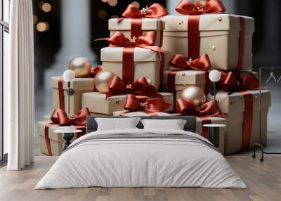 Christmas gift box with red ribbon Wall mural