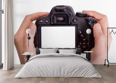 Hands holding the camera on white background,include clipping path Wall mural