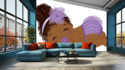 African American Baby Girl Wearing Purple Ruffled Diaper Sleeping. Vector Black Baby Girl Wall mural