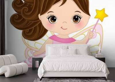 Cute Brunette Fairy Girl in Pink Dress Holding Magic Wand. Vector Little Fairy Wall mural