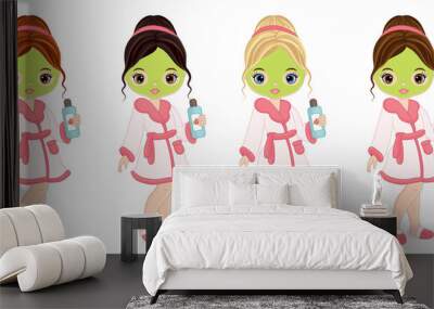 Vector Beautiful Young Girls Taking Face Treatment in Spa Wall mural