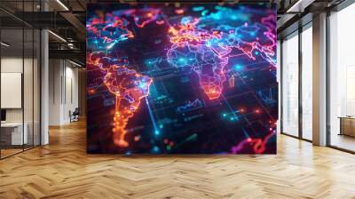 3D relief map, continents, cybernetic colors, global commerce symbolism Wall mural