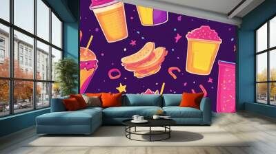 Assorted fast food drinks and straws on a lively, neon-themed background, seamless pattern Wall mural