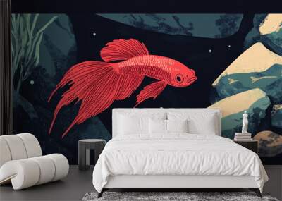 Betta fish swimming between two rocks in a small aquarium, animal illustration Wall mural