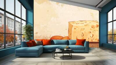 Block of almond-based candy with textured surface and prominent almond fragments, sweet illustration Wall mural