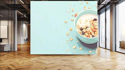 Bowl of cold cereals with a jug of milk and scattered pieces Wall mural