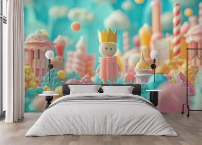 Cartoon-style paper person with a candy crown in a fantasy candy kingdom, playful and magical ambiance Wall mural