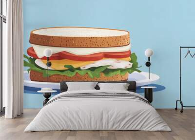 Chicken sandwich displayed on a plate, with visible layers Wall mural