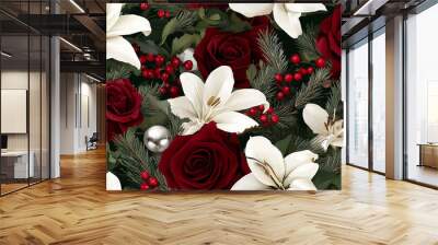 Classic mix of deep red roses and white lilies with evergreen sprigs and silver bells, seamless pattern Wall mural