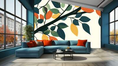 Close-up of a tree branch covered with various leaves, flat illustration Wall mural