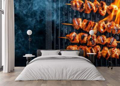 Close-up of chicken skewers over a barbecue grill with smoke plumes Wall mural