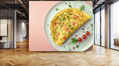 Close-up view of an omelet on a plate, with visible fillings and a garnish bowl Wall mural