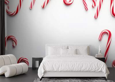 Clusters of candy canes in different orientations fill the left and right corners, food illustration Wall mural