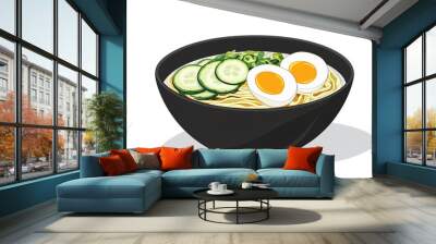 Cold noodles with cucumber, boiled egg, and broth on a table Wall mural