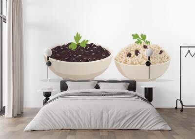 Dish of black beans beside a serving of brown rice Wall mural