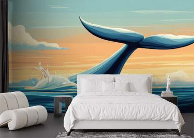 Dolphin tail flukes visible above water as it dives, animal illustration Wall mural