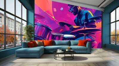 Drummer performing solo during jazz ensemble concert in club, illustration art Wall mural