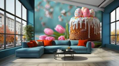 Easter cake and colored eggs with pink tulips on bright blue background Wall mural