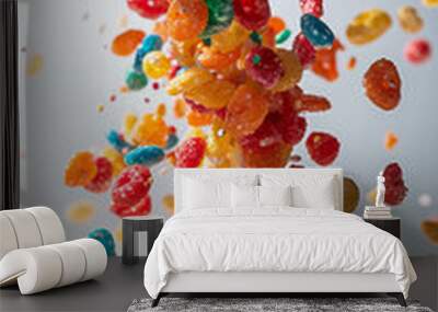 Exploding fruity pebbles cereal with individual pieces floating in white space, depth of field, isolated white background Wall mural