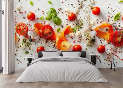 Falling ingredients on a white background Wall mural