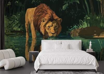 Lion drinking from shallow stream, reflection visible on surface, animal illustration Wall mural