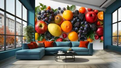 Lower border of fruits and vegetables on a white background Wall mural