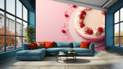 Multi-layer cake on a simple surface next to plain decorative elements, sweet illustration Wall mural