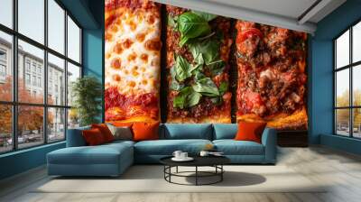 Multiple deep dish pizza slices arranged side by side, showing the thick crust and toppings Wall mural