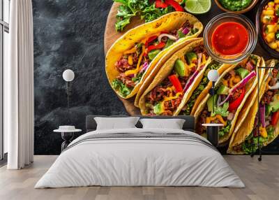 Multiple hard shell tacos arranged on a platter, showcasing layers of meat and vegetables Wall mural