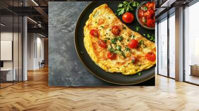 Omelet on a plate with a fork and knife placed beside the plate on the table Wall mural