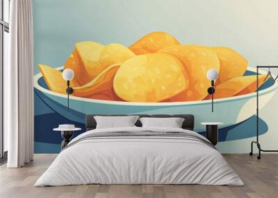 Pile of potato chips arranged in a shallow, round dish with visible texture on a table Wall mural