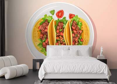 Plate with hard shell tacos, each containing seasoned meat, lettuce, and tomatoes Wall mural