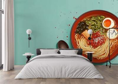 Ramen bowl with broth, noodles, and toppings, surrounded by chopsticks and spoon Wall mural