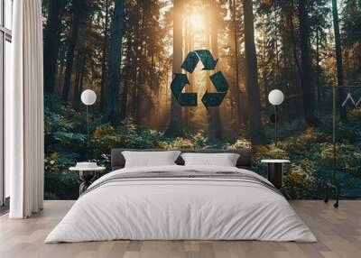 Recycling symbol in a forest at sunrise Wall mural