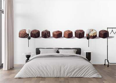 Row of chocolates with distinct custom flavors, carefully arranged on a clean surface, sweet illustration Wall mural