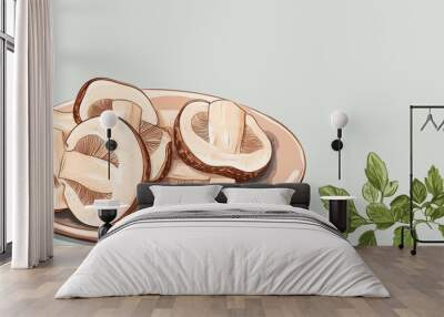 Sliced porcini mushrooms displayed on a plate with a sprig of herbs Wall mural