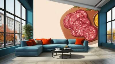 Sliced salami presented on a wooden board with a small bowl of mustard Wall mural