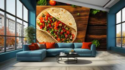 Soft taco partially open, showing an even distribution of meat and fresh vegetables Wall mural