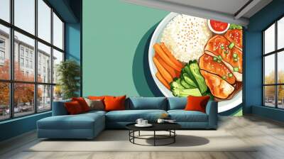 Teriyaki chicken with rice and vegetables on a flat plate Wall mural