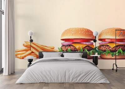 Three mini burgers with lettuce, tomato, and onions with fries Wall mural