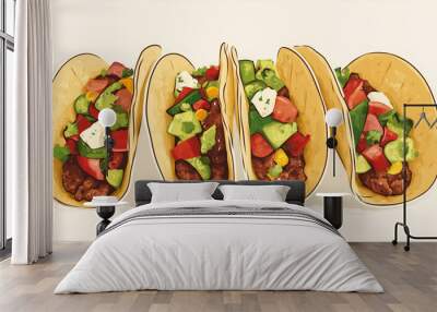 Three soft tacos arranged side by side with a mix of vegetables and meat Wall mural