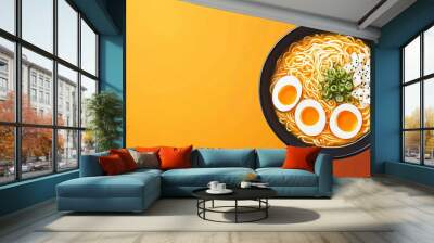 Top view of ramen bowl with noodles and toppings on a flat surface Wall mural