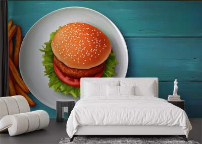 Turkey patty on a sesame seed bun with lettuce and tomato with sweet potato fries Wall mural