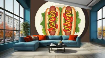 Two veggie dogs on a plate with plant-based sausages and mustard garnish Wall mural