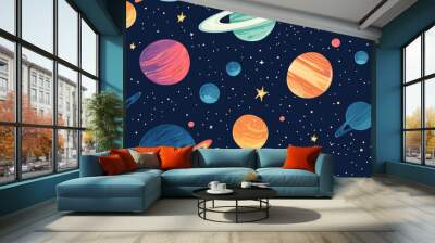 Vibrant planets and moons in a detailed star-filled cosmic expanse, seamless pattern Wall mural