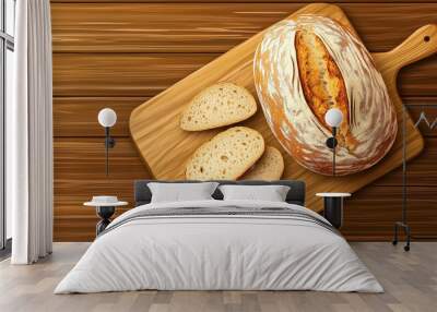 Whole sourdough loaf on a wooden surface with a knife nearby Wall mural