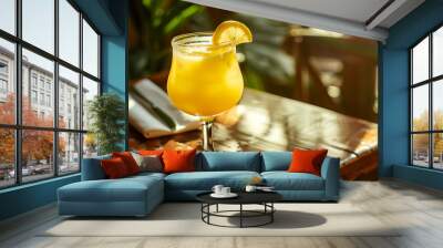 Yellow beverage in clear glass on wooden table with spoon and napkin Wall mural