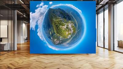 360 degree planet panorama aerial view over Piatra Craiului mountains peak in Transylvania, Romania
 Wall mural